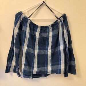 Anthropologie Cloth & Stone Blue White Plaid Long Sleeve Off Shoulder Top Medium